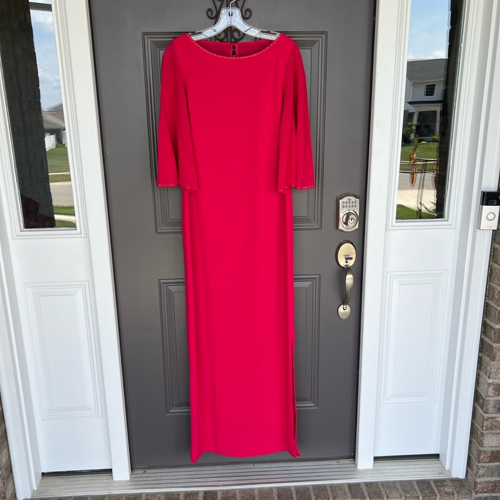 ST. JOHN evening dress maxi flutter sleeve cape cady solid pink valentine size 6 - Picture 5 of 14